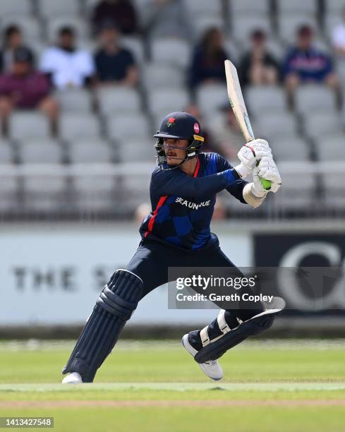 Rob Jones of Lancashire bats during the Royal London Cup between Lancashire Lightning and Derbyshire at Emirates Old Trafford on August 07, 2022 in...