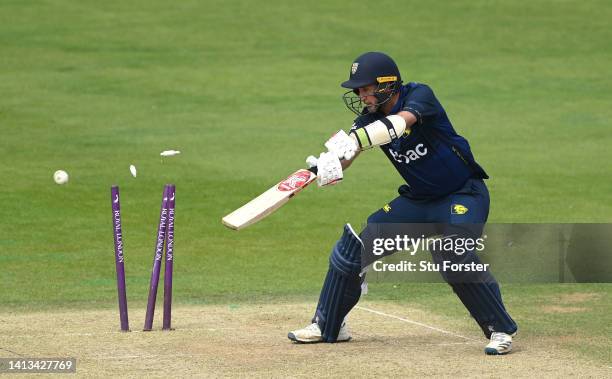 Durham batsman Chris Rushworth is bowled by Middlesex bowler Umesh Yadav during the Royal London Cup match between Durham and Middlesex at Seat...