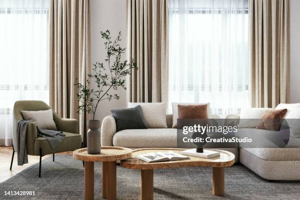 modernes wohnzimmer-interieur - 3d-rendering - beautiful living room stock-fotos und bilder