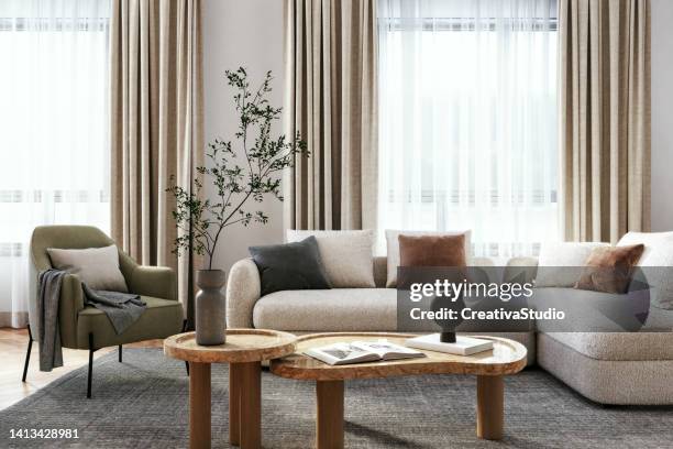 modern living room interior - 3d render - finishing touch stockfoto's en -beelden