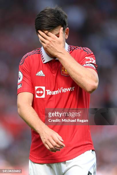 Harry Maguire of Manchester United reacts during the Premier League match between Manchester United and Brighton & Hove Albion at Old Trafford on...