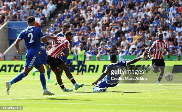 Ivan Toney of Brentford scores their team's first goal during the Premier League match between Leicester City and Brentford FC at The King Power...