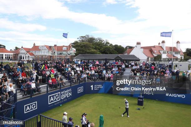 Ashleigh Buhai of South Africa tees off on the 1st hole during Day Four of the AIG Women's Open at Muirfield on August 07, 2022 in Gullane, Scotland.