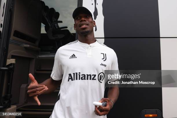 Paul Pogba of Juventus exits the team bus upon arrival for the Pre-season Friendly match between Juventus A and Juventus B at Campo Comunale Gaetano...