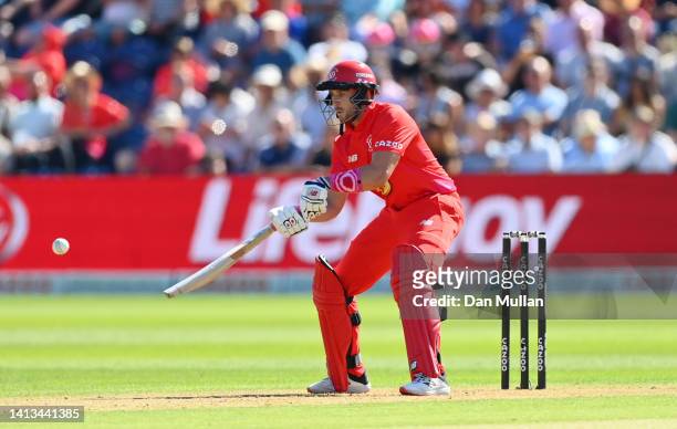 Joe Clarke of Welsh Fire bats during The Hundred match between Welsh Fire Men and Oval Invincibles Men at Sophia Gardens on August 07, 2022 in...