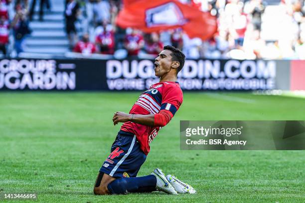 Benjamin Andre of Lille celebrates a goal during the French Ligue 1 match between Lille and Auxerre at Stade Pierre Mauroy on August 7, 2022 in...