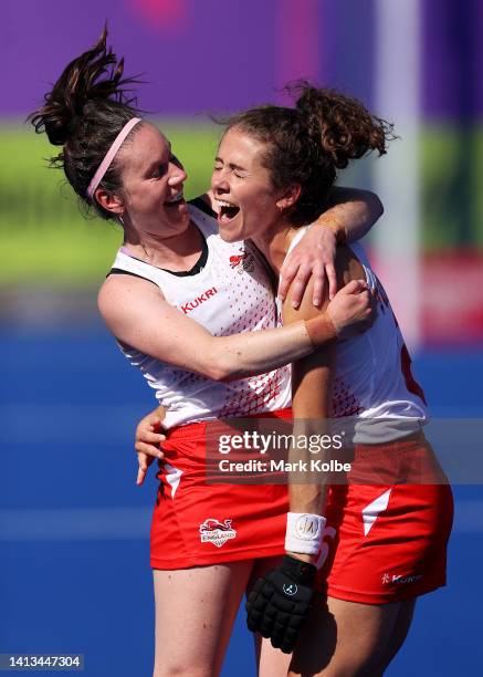 Anna Toman and Laura Unsworth of Team England celebrate their sides victory in the Women's Hockey - Gold Medal Match between England and Australia on...