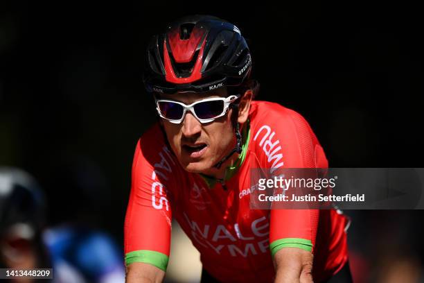 Geraint Thomas of Team Wales crosses the finish line during the Men's Road Race on day ten of the Birmingham 2022 Commonwealth Games at on August 07,...