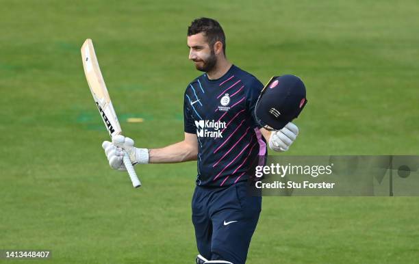 Middlesex batsman Stevie Eskinazi reaches his century during the Royal London Cup match between Durham and Middlesex at Seat Unique Riverside on...