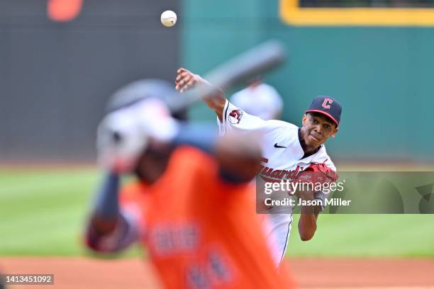 Starting pitcher Triston McKenzie of the Cleveland Guardians pitches to Yordan Alvarez of the Houston Astros during the first inning at Progressive...