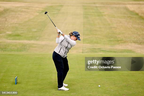 Ashleigh Buhai of South Africa plays her tee shot from the 8th hole during Day Four of the AIG Women's Open at Muirfield on August 07, 2022 in...
