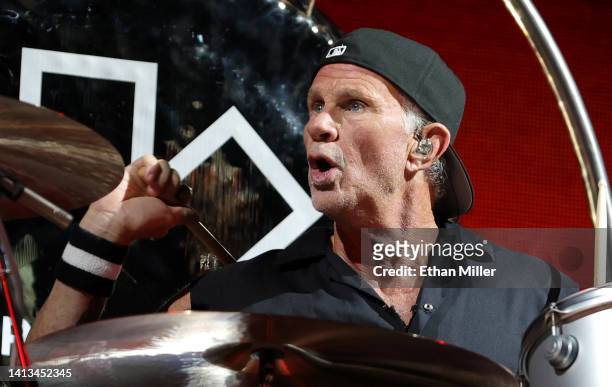 Drummer Chad Smith of Red Hot Chili Peppers performs at Allegiant Stadium on August 06, 2022 in Las Vegas, Nevada.