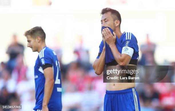 Victor Palsson of FC Schalke 04 reacts during the Bundesliga match between 1. FC Köln and FC Schalke 04 at RheinEnergieStadion on August 07, 2022 in...