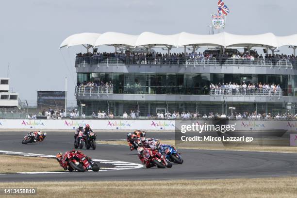 Francesco Bagnaia of Italy and Ducati Lenovo Team leads the field during the MotoGP race during the MotoGP of Great Britain - Race at Silverstone...