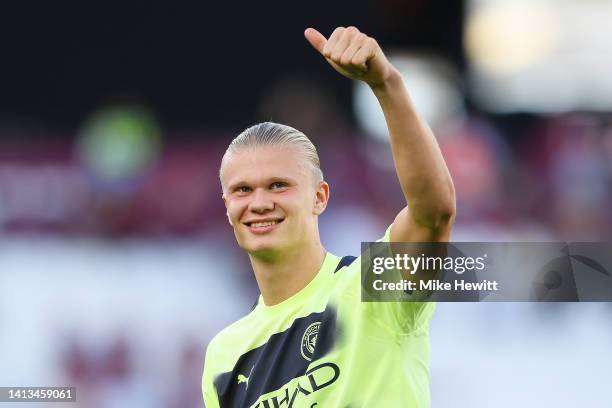 Erling Haaland of Manchester City celebrates after the Premier League match between West Ham United and Manchester City at London Stadium on August...