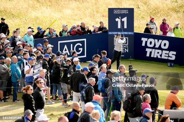 Ashleigh Buhai of South Africa plays her tee shot from the 11th hole during Day Four of the AIG Women's Open at Muirfield on August 07, 2022 in...