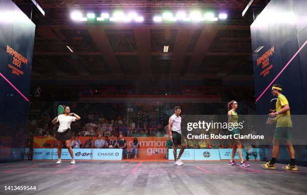 Donna Lobban and Cameron Pilley of Team Australia celebrate against Saurav Ghosal and Dipika Pallikal of Team India during the Mixed Doubles - Bronze...