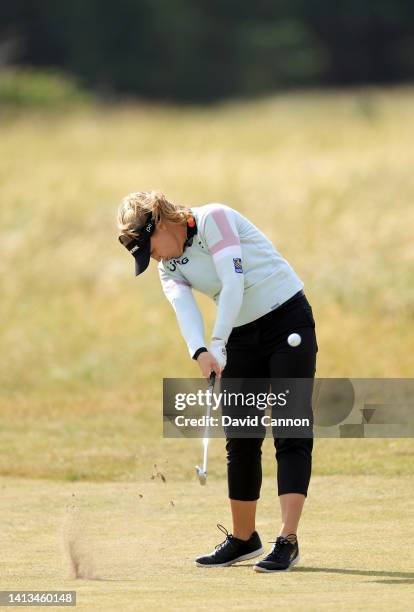 Brooke Henderson of Canada plays her second shot on the fifth hole during the final round of the AIG Women's Open at Muirfield on August 07, 2022 in...