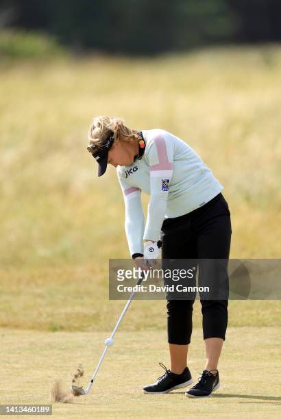 Brooke Henderson of Canada plays her second shot on the fifth hole during the final round of the AIG Women's Open at Muirfield on August 07, 2022 in...