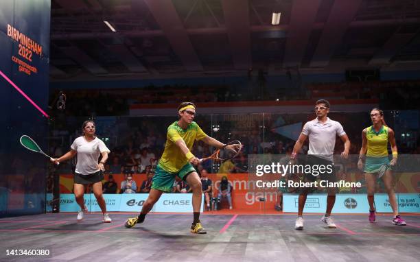 Donna Lobban and Cameron Pilley of Team Australia compete against Saurav Ghosal and Dipika Pallikal of Team India during the Mixed Doubles - Bronze...