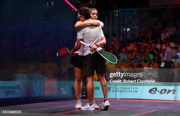Saurav Ghosal and Dipika Pallikal of Team India celebrate against Donna Lobban and Cameron Pilley of Team Australia during the Mixed Doubles - Bronze...