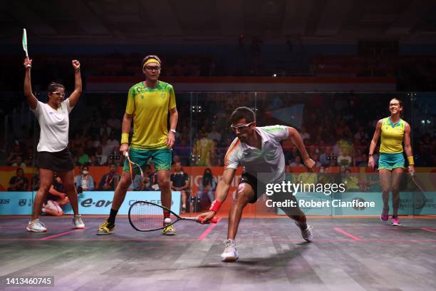 Saurav Ghosal and Dipika Pallikal of Team India compete against Donna Lobban and Cameron Pilley of Team Australia during the Mixed Doubles - Bronze...