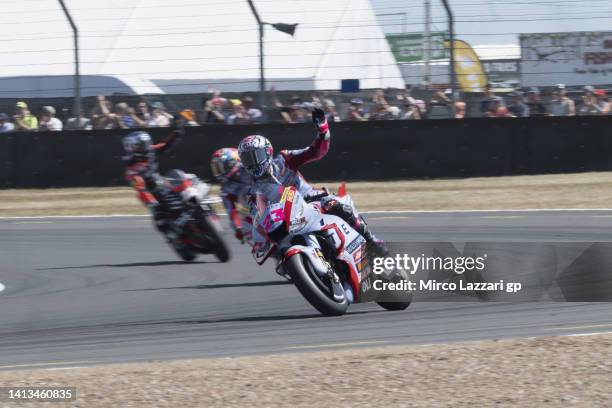 Enea Bastianini of Italy and Gresini Racing MotoGP celebrates the independent team victory during the MotoGP race during the MotoGP of Great Britain...