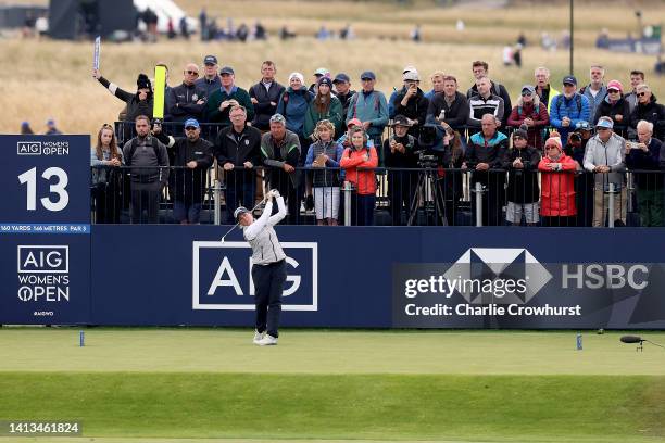 Ashleigh Buhai of South Africa plays her tee shot from the 13th hole during Day Four of the AIG Women's Open at Muirfield on August 07, 2022 in...