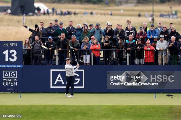 Ashleigh Buhai of South Africa plays her tee shot from the 13th hole during Day Four of the AIG Women's Open at Muirfield on August 07, 2022 in...