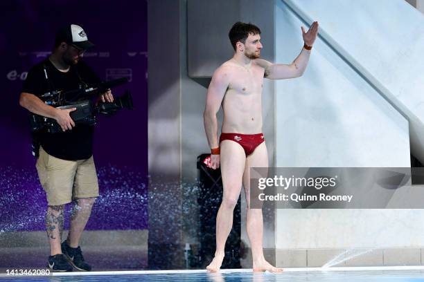 Matthew Lee of Team England celebrates after winning bronze in the Men's 10m Platform Final on day ten of the Birmingham 2022 Commonwealth Games at...