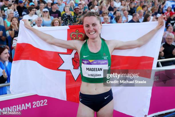 Ciara Mageean of Team Northern Ireland celebrates winning the silver medal in the Women's 1500m Final on day ten of the Birmingham 2022 Commonwealth...