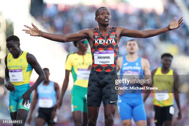 Wyclife Kinyamal of Team Kenya celebrates after winning the gold medal in the Men's 800m Final on day ten of the Birmingham 2022 Commonwealth Games...