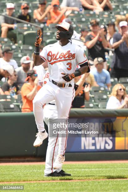 Jorge Mateo of the Baltimore Orioles celebrates a solo home run in the third inning during a baseball game against the Pittsburgh Pirates at Oriole...