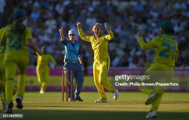 Ashleigh Gardner of Team Australia celebrates the dismissal of Harmanpreet Kaur during the Cricket T20 - Gold Medal match between Team India and Team...