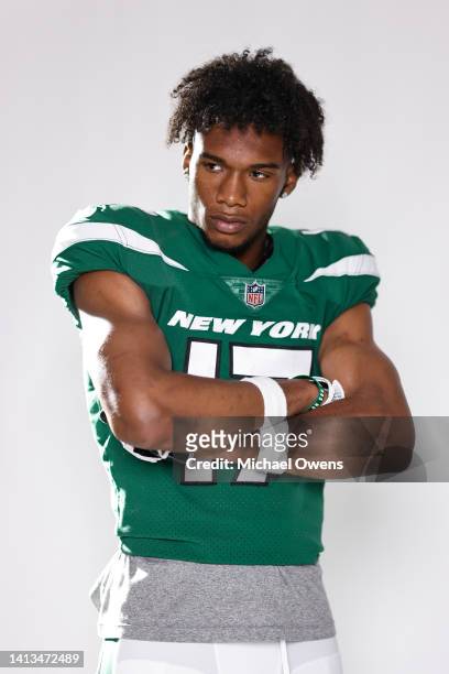 Garrett Wilson of the New York Jets poses for a portrait during the NFLPA Rookie Premiere on May 21, 2022 in Los Angeles, California