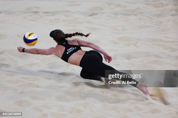 Shaunna Polley of Team New Zealand competes during the Women's Beach Volleyball - Bronze Medal match between New Zealand and Vanuatu on day ten of...