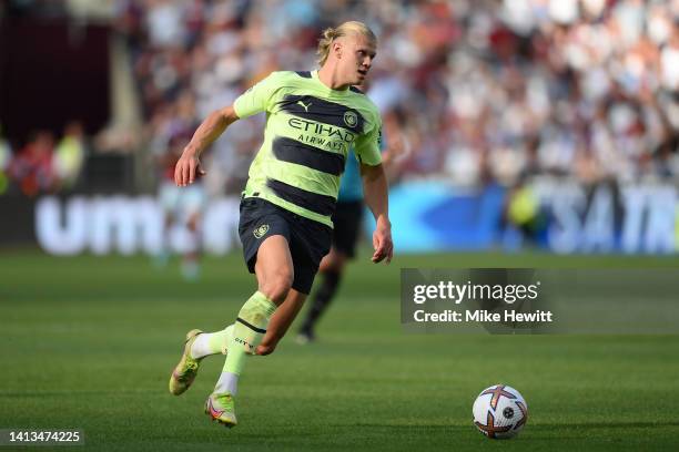 Erling Haaland of Manchester City in action during the Premier League match between West Ham United and Manchester City at London Stadium on August...