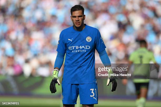Ederson of Manchester City looks on during the Premier League match between West Ham United and Manchester City at London Stadium on August 07, 2022...