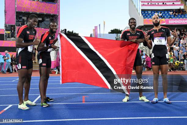 Gold medalists Team Trinidad And Tobago celebrate winning the gold medal in the Men's 4 x 400m Relay - Final on day ten of the Birmingham 2022...
