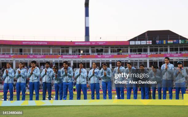 Team India celebrate as they are presented with a Silver Medal following the Cricket T20 - Gold Medal match between Team Australia and Team India on...