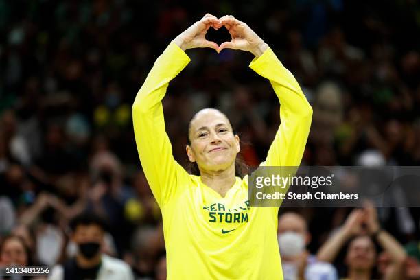 Sue Bird of the Seattle Storm acknowledges fans before her last regular season home game of her career against the Las Vegas Aces at Climate Pledge...