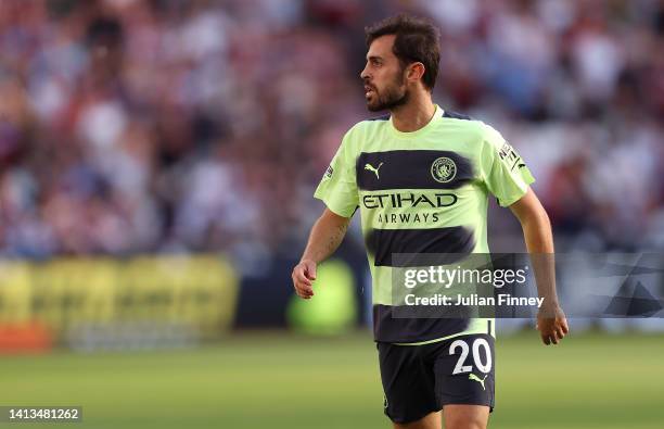 Bernardo Silva of Manchester City during the Premier League match between West Ham United and Manchester City at London Stadium on August 07, 2022 in...