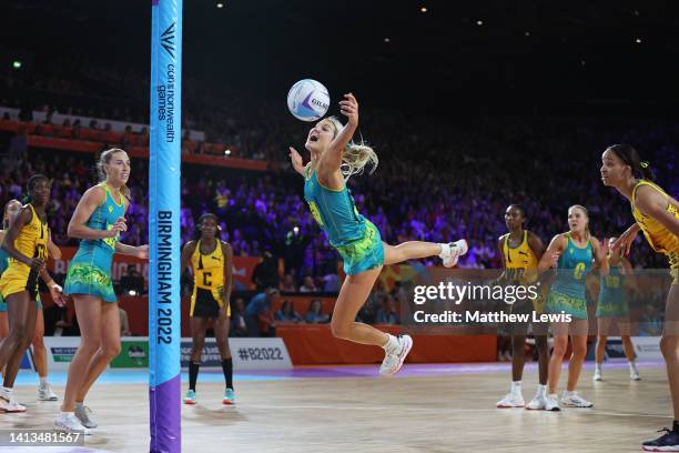 Gretel Bueta of Team Australia dives for the ball during the Netball Gold Medal match between Team Jamaica and Team Australia on day ten of the...