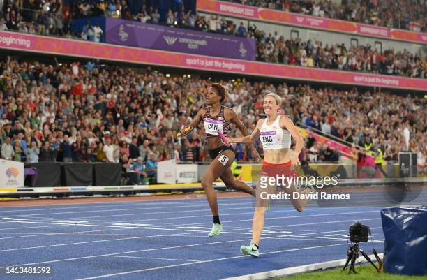Jessie Knight of Team England crosses the line to win the gold medal ahead of Kyra Constantine of Team Canada who claims the silver medal during the...