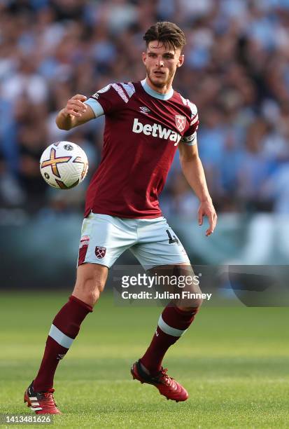 Declan Rice of West Ham during the Premier League match between West Ham United and Manchester City at London Stadium on August 07, 2022 in London,...