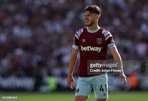 Declan Rice of West Ham during the Premier League match between West Ham United and Manchester City at London Stadium on August 07, 2022 in London,...