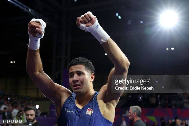 Delicious Orie of Team England celebrates after defeating Sagar Sagar of Team India during the Men's Boxing Over 92kg Gold Medal Bout on day ten of...
