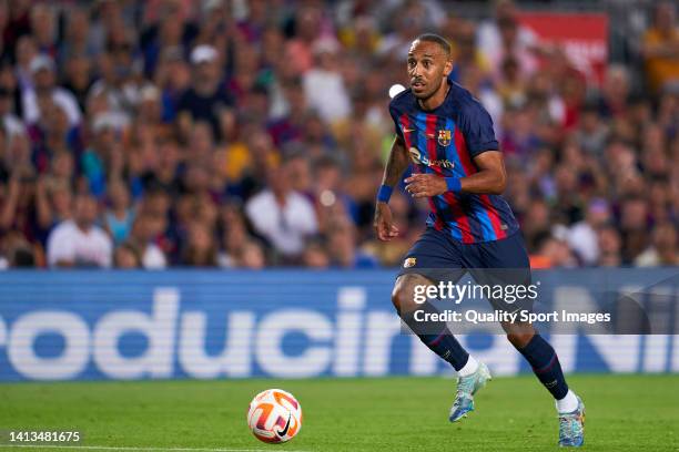 Pierre-Emerick Aubameyang of FC Barcelona runs with the ball during the Joan Gamper Trophy match between FC Barcelona and Pumas UNAM at Camp Nou on...