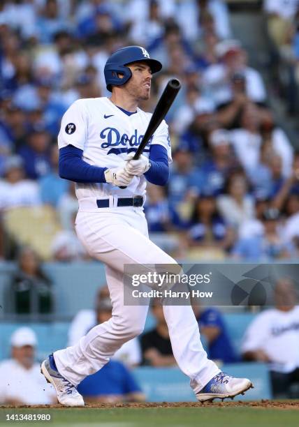 Freddie Freeman of the Los Angeles Dodgers at bat during the game against the San Diego Padres at Dodger Stadium on August 06, 2022 in Los Angeles,...
