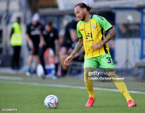 Marco Hoeger of Waldhof Mannheim runs with the ball during the 3. Liga match between SC Verl and Waldhof Mannheim at Home Deluxe Arena on August 07,...